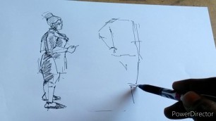 'How to draw male and female figure with composition a road sight gel pen sketch drawing'