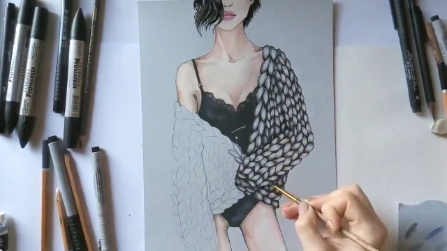 'Fashion illustration, textures of clothes. How to draw a warm knitted sweater.'