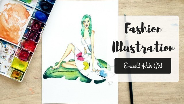 'Fashion Illustration With Watercolor - Emerald Hair Girl'