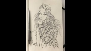 'Time lapse | sketching a cute girl with hair band, fashion illustration, fashion manga'